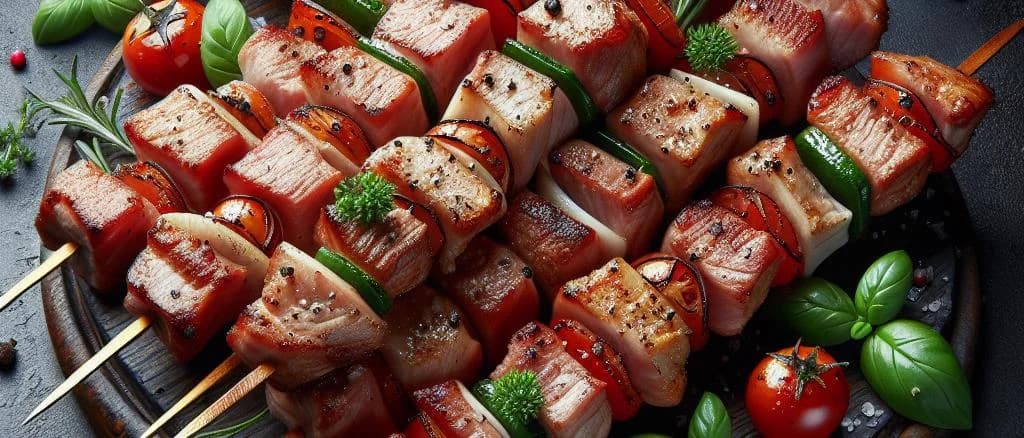 variety of pork skewers on wooden board with spices and sauces