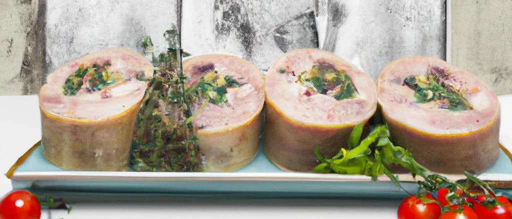 Assorted pork terrine varieties with diverse packaging options on wooden background