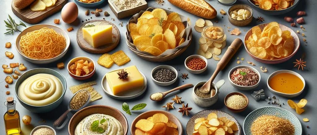 various potato flakes packaging varieties on a wooden background