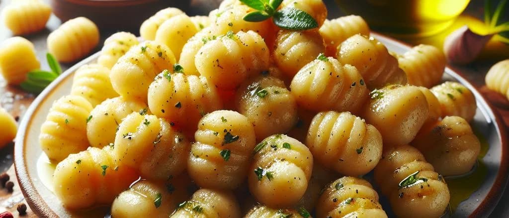 Various styles of packaged potato gnocchi with rustic kitchen background