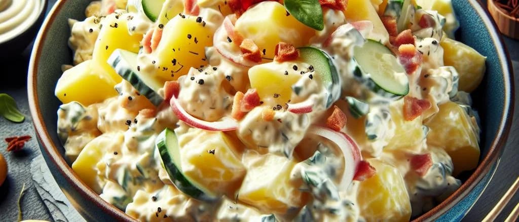 Variety of potato salad packaging against neutral background