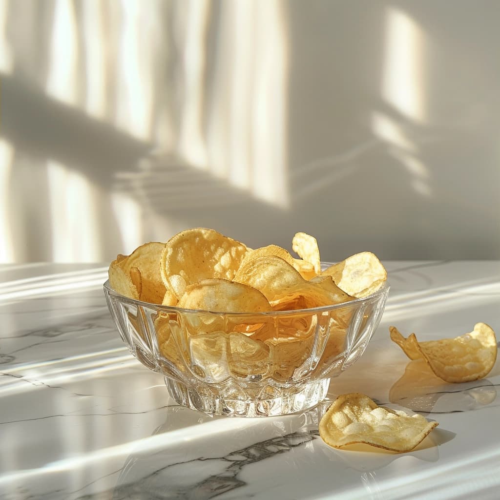 Assortment of potato chips in various packaging styles on a neutral background