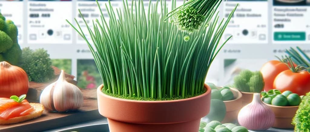 Potted chives in various containers with natural green foliage on a white background