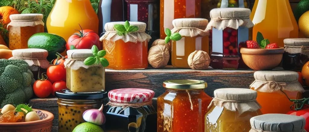 Assorted preserves in glass jars with colorful labels showcasing various fruits and ingredients.