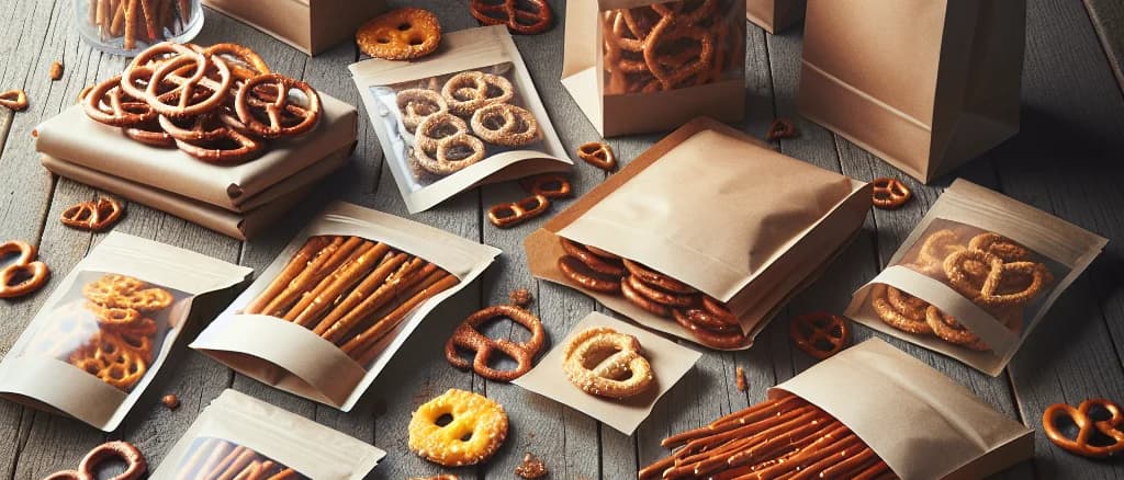 assorted pretzel sticks with various flavors and packaging on a wooden table