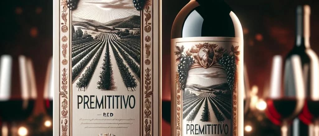 Collection of Primitivo wine bottles against rustic vineyard backdrop