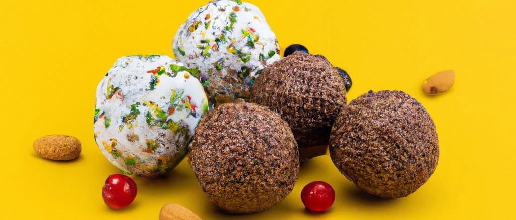 assorted protein balls with various flavors on a wooden table