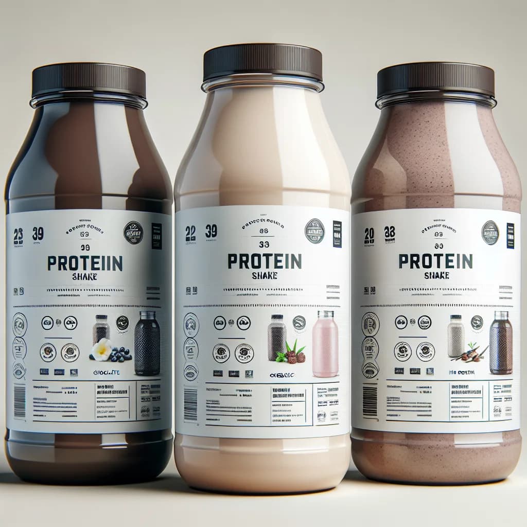 assorted protein shake bottles with various flavors and packaging on a clean, professional background