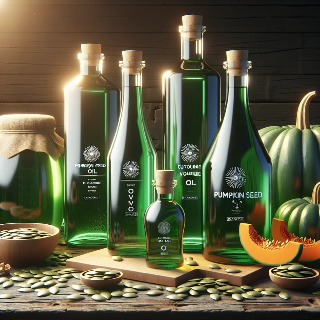 Premium pumpkin seed oil bottles in various packaging options with natural backgrounds