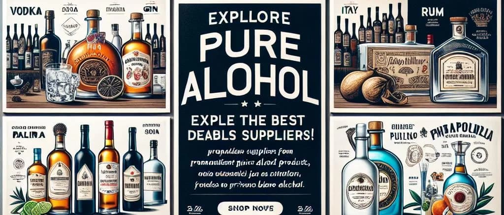 assorted pure alcohol variations with different packaging on a neutral background