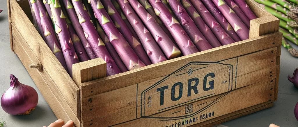 fresh purple asparagus with packaging variations