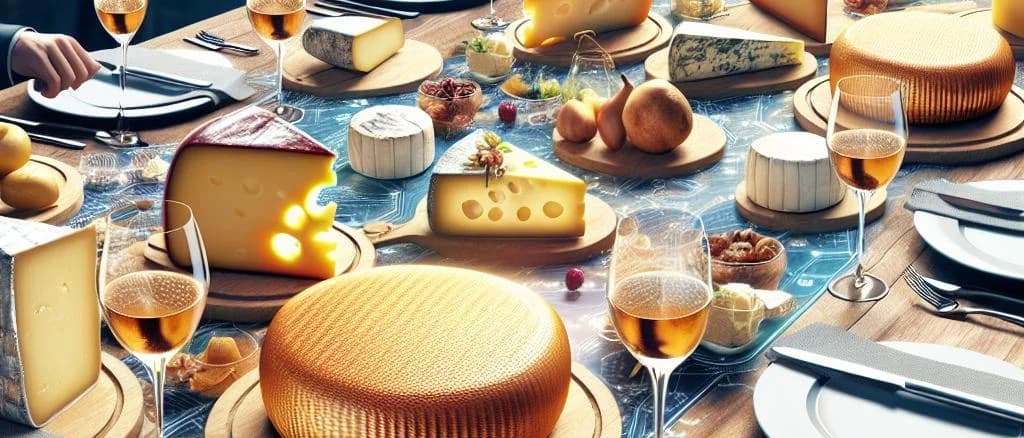 Various types of Raclette cheese on wooden boards with customizable packaging options in a rustic kitchen setting.