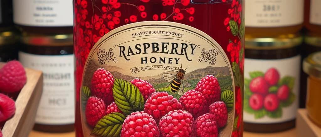 Various options of raspberry honey jars on wooden table