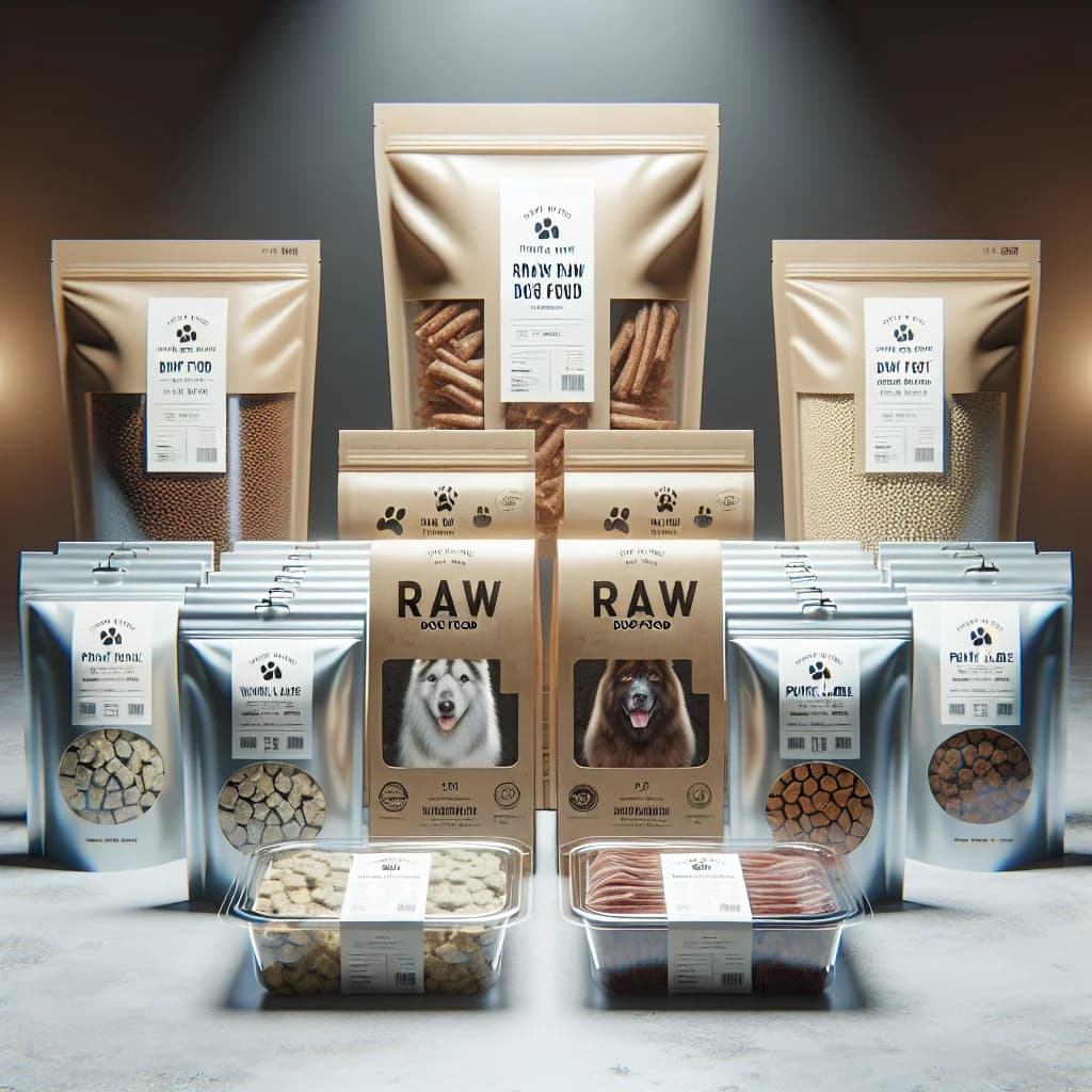 premium_raw_dog_food_varieties_with_bulk_packaging_on_clean_background