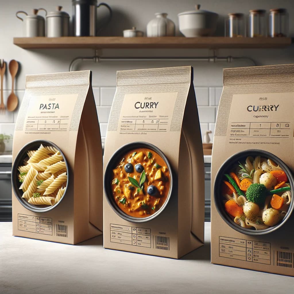 assorted ready meals in sustainable packaging, including pasta, curry, and stir-fry varieties, on a sleek kitchen countertop