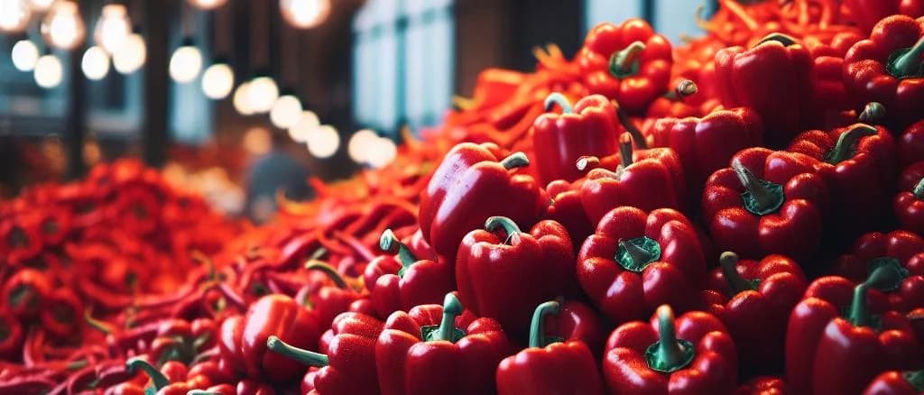 Red bell peppers with different packaging on a rustic wooden background