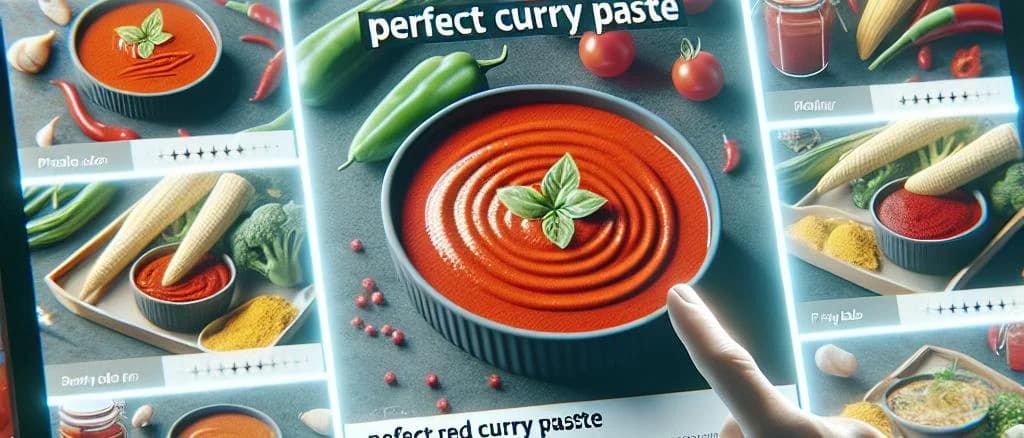 assorted red curry paste jars with vibrant packaging on a spice-themed background