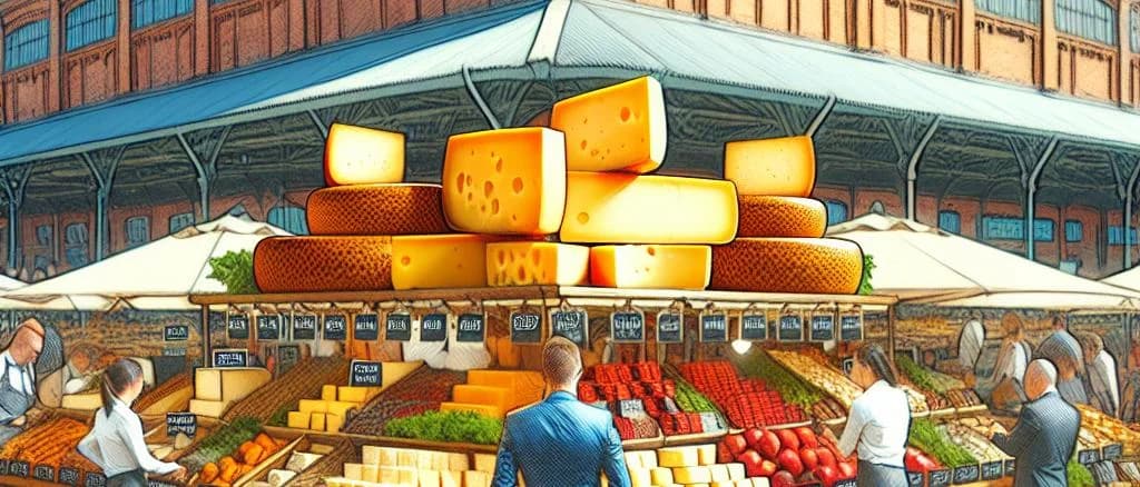 Various Red Leicester cheese blocks with different packaging options on a rustic wooden background