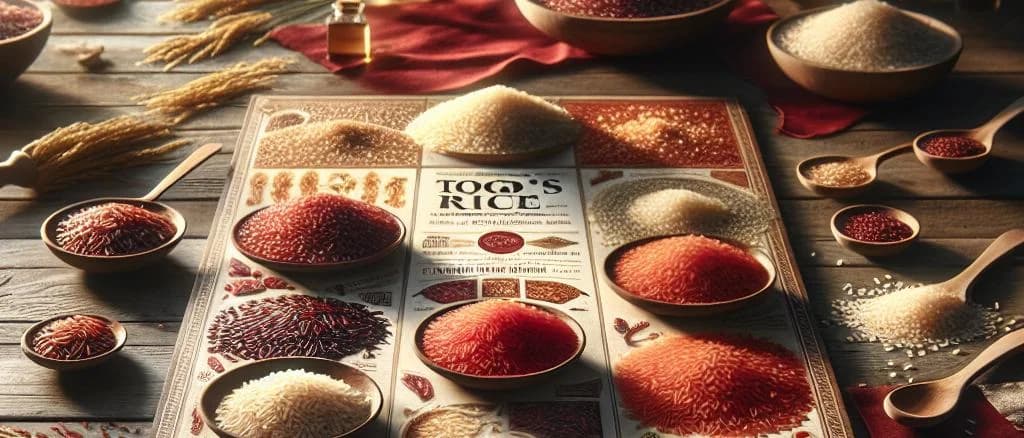 Red rice varieties with packaging options on rustic wooden background