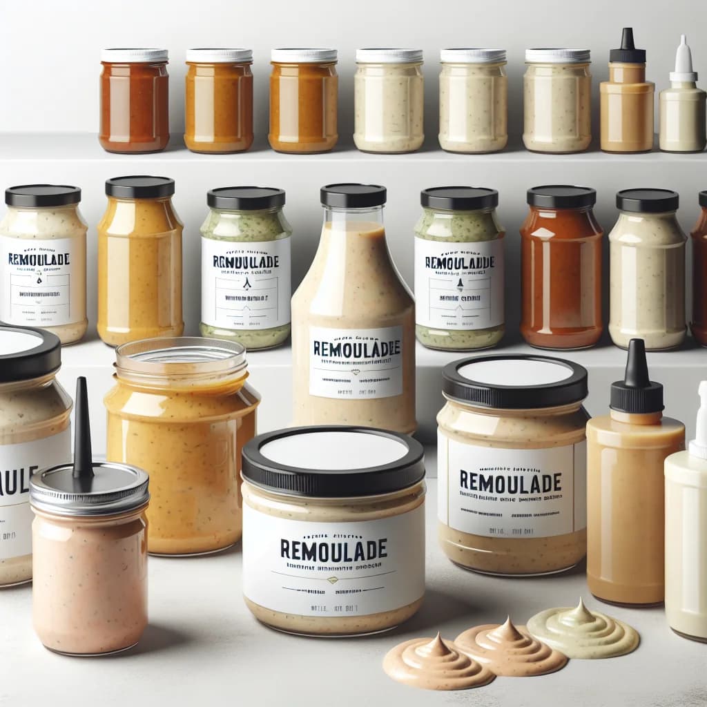 assorted remoulade sauces in various packaging with vibrant backgrounds