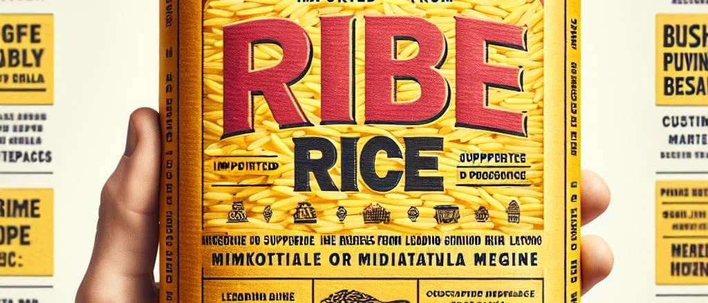 various packaging of Ribe rice grains on rustic wooden background