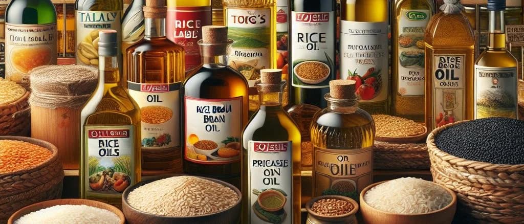 assortment of rice bran oil bottles with different packaging on a wooden kitchen counter