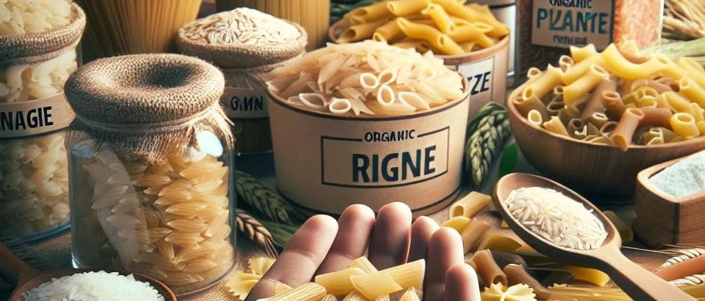 Assorted rice pasta variations against a neutral background