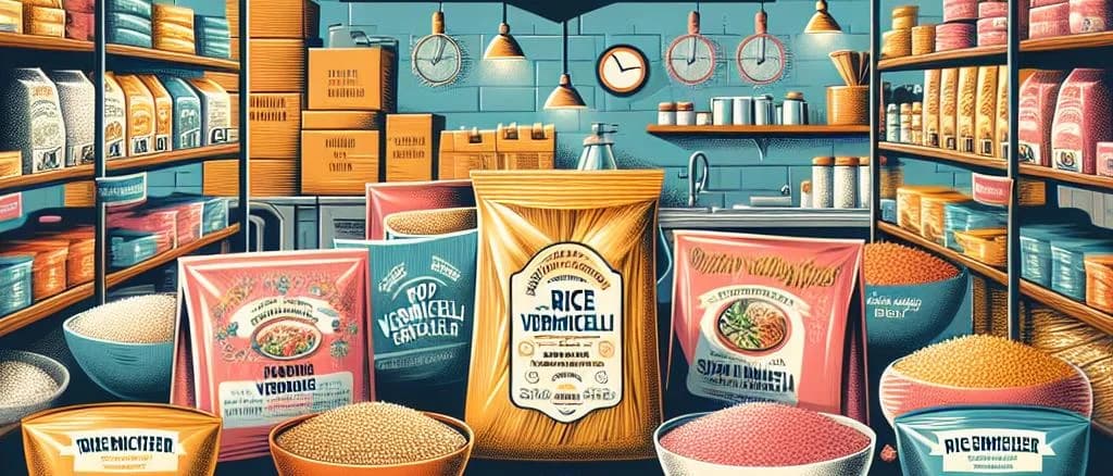 assortment of rice vermicelli packaging on a rustic kitchen counter