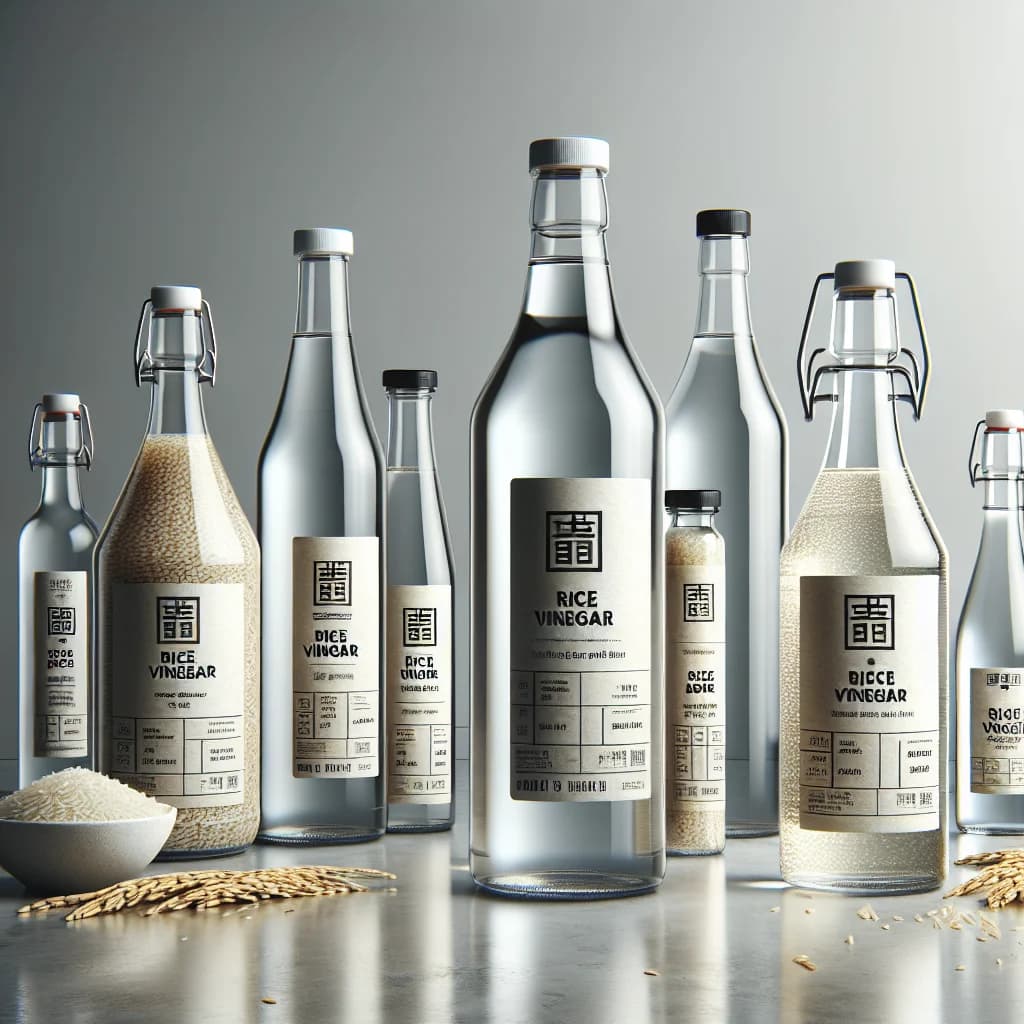 varieties of rice vinegar bottles on minimalist background, ideal for bulk and wholesale buying