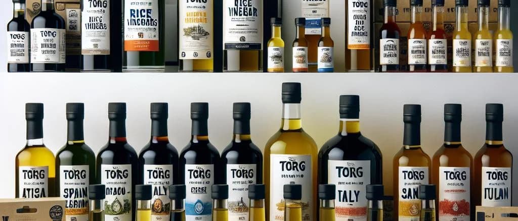 Assortment of rice vinegars in various packaging on a wooden shelf