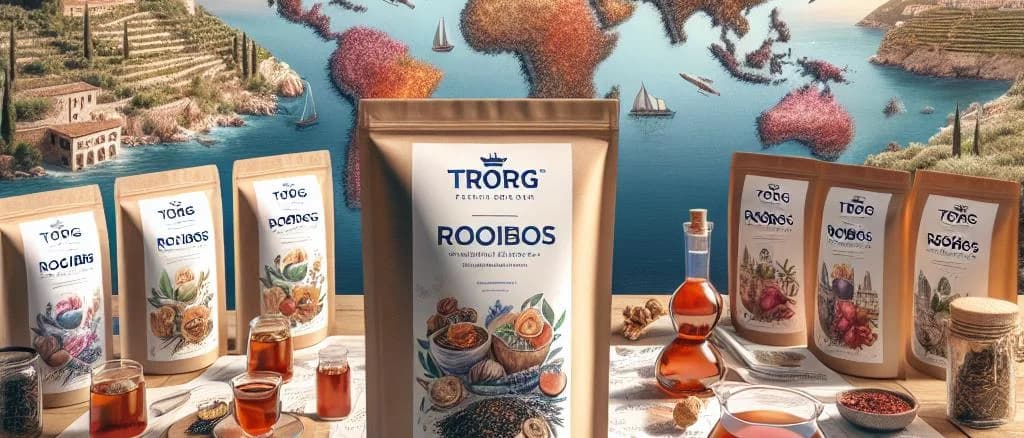 Variety of packaged Rooibos tea blends against a neutral background