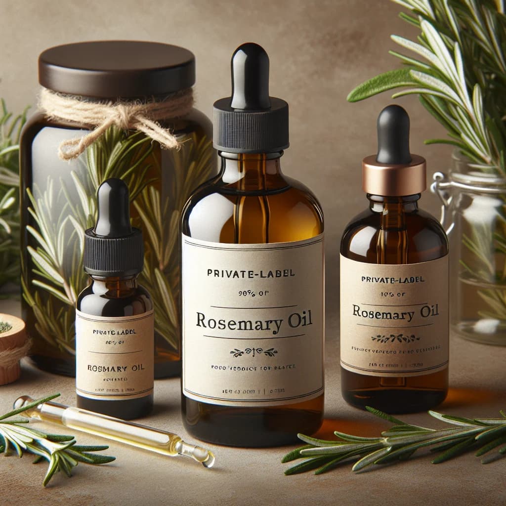 bottles of rosemary oil with natural herbs and leaves in the background on a clean, minimalistic setup