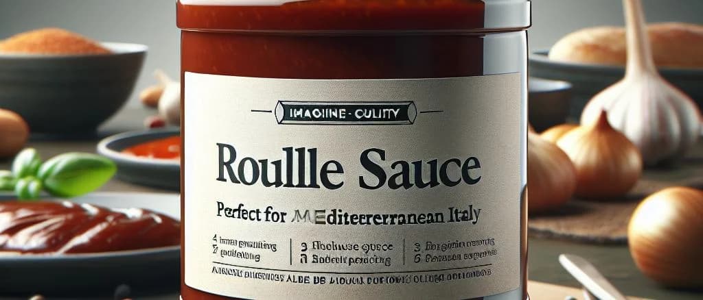 Various rouille sauce bottles on a kitchen counter with a professional and elegant packaging