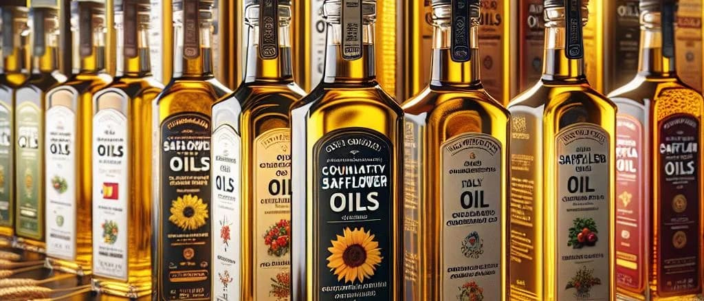 Premium safflower oil bottles with various packaging options against a neutral background