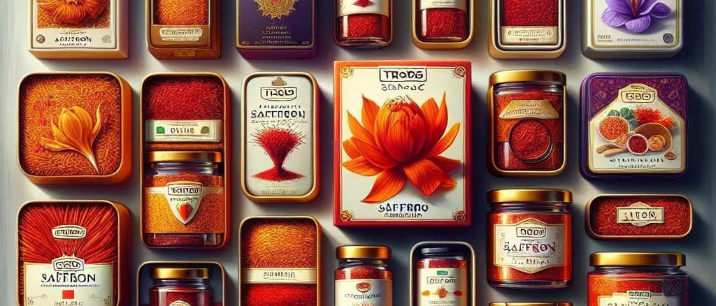 Various types of premium saffron in glass containers on a wooden background
