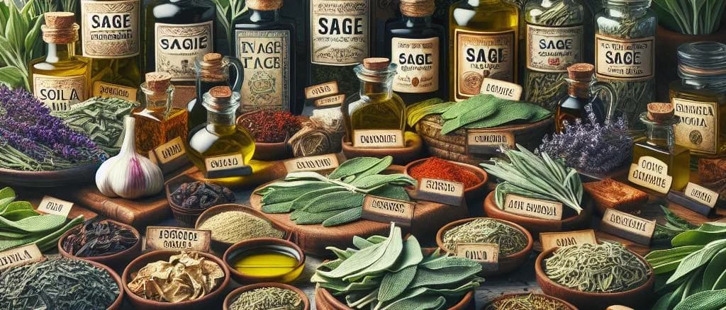 assorted sage products in various packaging against a natural wooden background