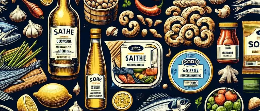 Various packaged Saithe fish fillets with ocean-themed backdrop