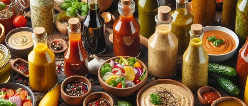 variety of salad dressing bottles with different packaging designs
