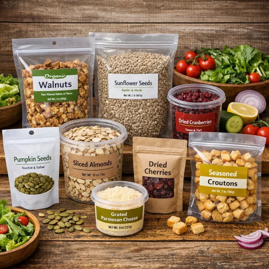 salad toppings in differentiated packaging and bulk options on a rustic wooden table