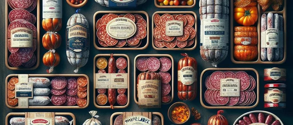 Assorted varieties of salami with various packaging and backgrounds