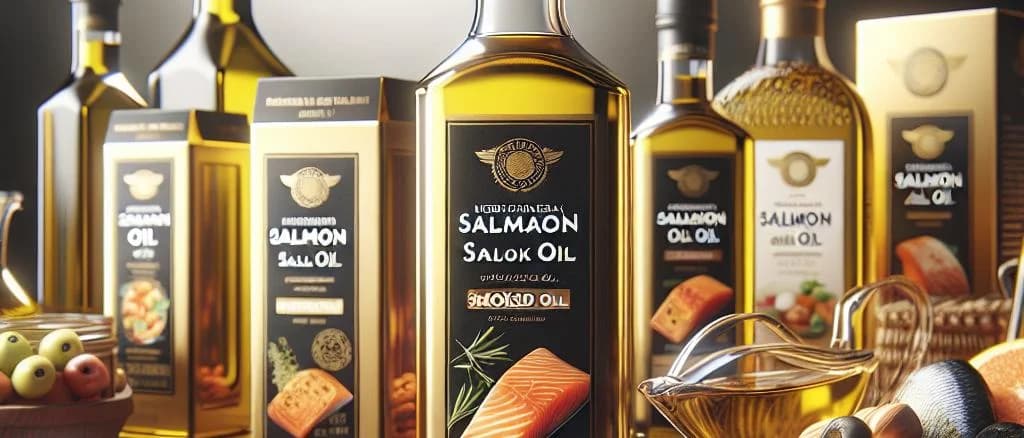 Salmon oil bottles in various packaging designs on wooden background