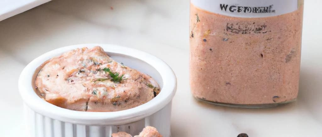 assorted salmon rillettes jars with different packaging designs, placed on a wooden table