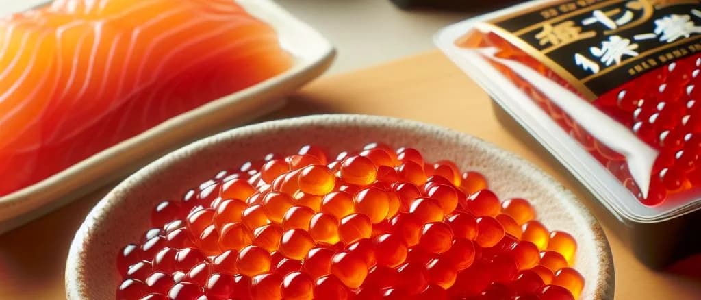 Salmon roe variations with elegant packaging on a neutral background