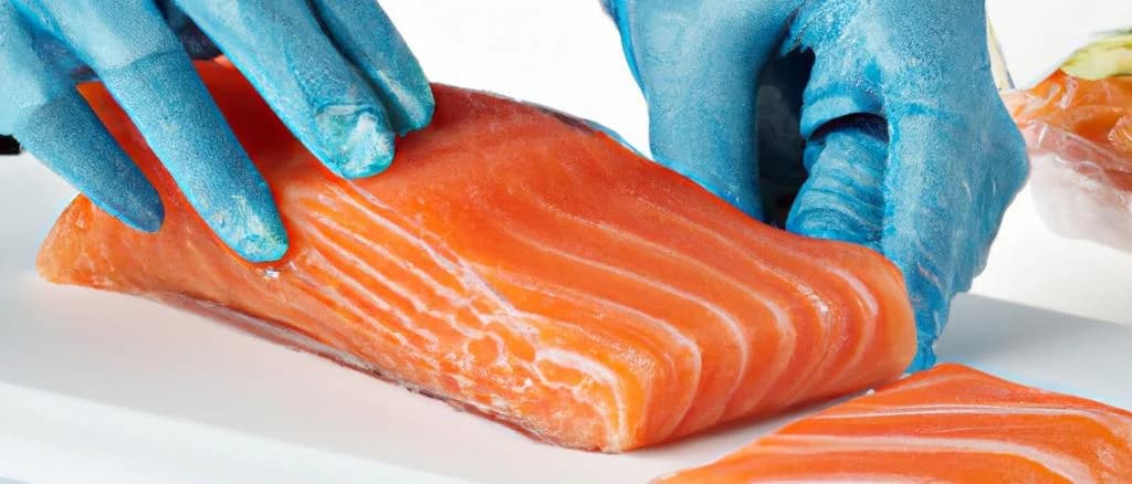 Assorted variations of Salmon Sushi on a decorative platter, including different styles and garnishes, displayed on a wooden background.