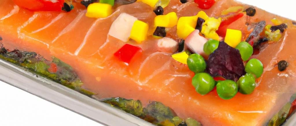 Assorted salmon terrines in elegant packaging on a wooden table