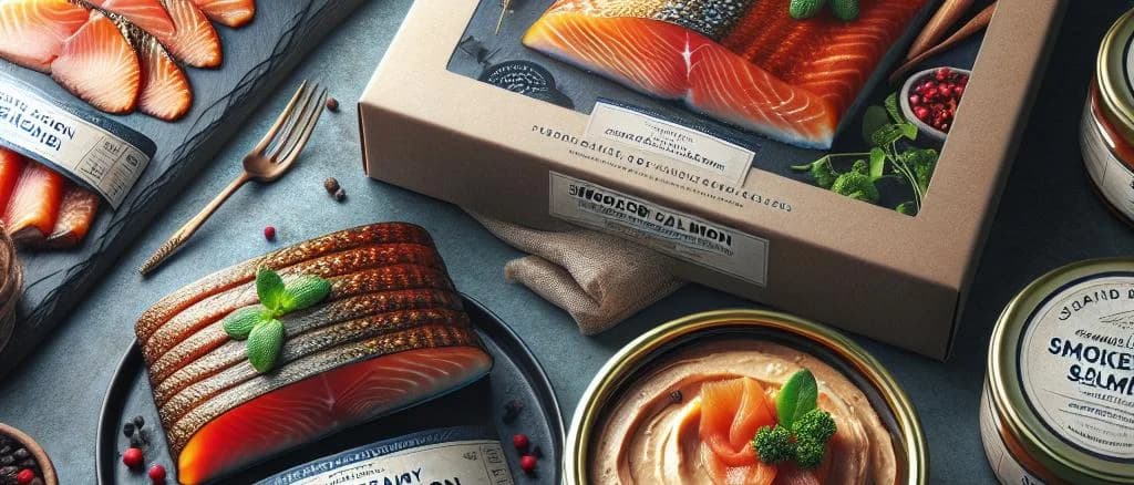 Various salmon fillet cuts with sustainable packaging on a wooden background