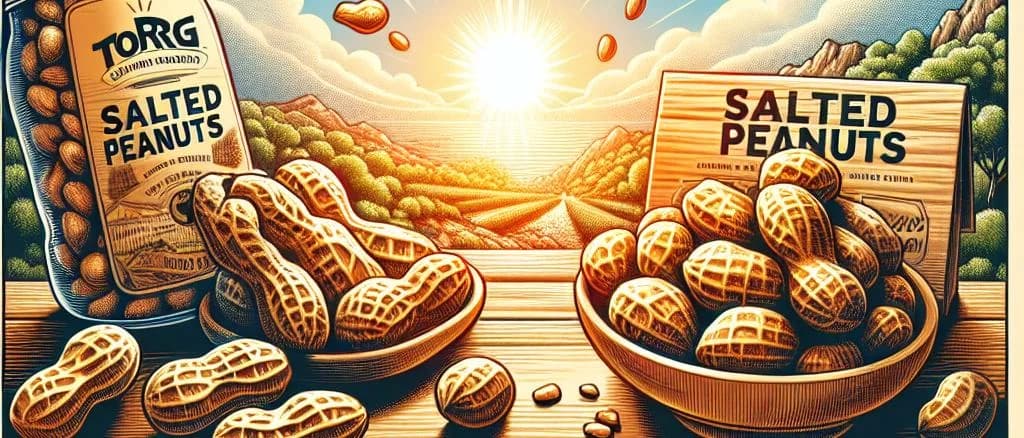 Assorted salted peanuts in various packaging on a wooden table background