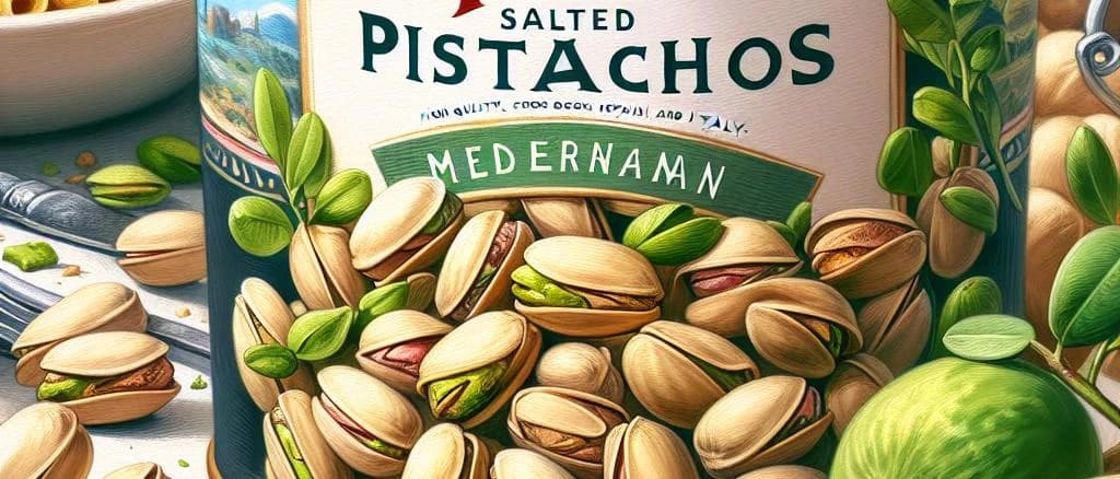 Various salted pistachio packaging on a rustic background