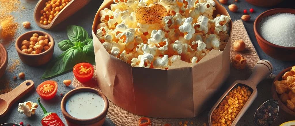 Assorted salted popcorn varieties with various packaging options placed against a plain background.