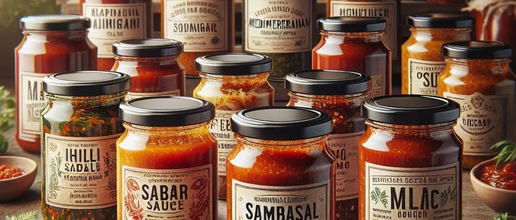Assorted Sambal sauce jars on a rustic kitchen table